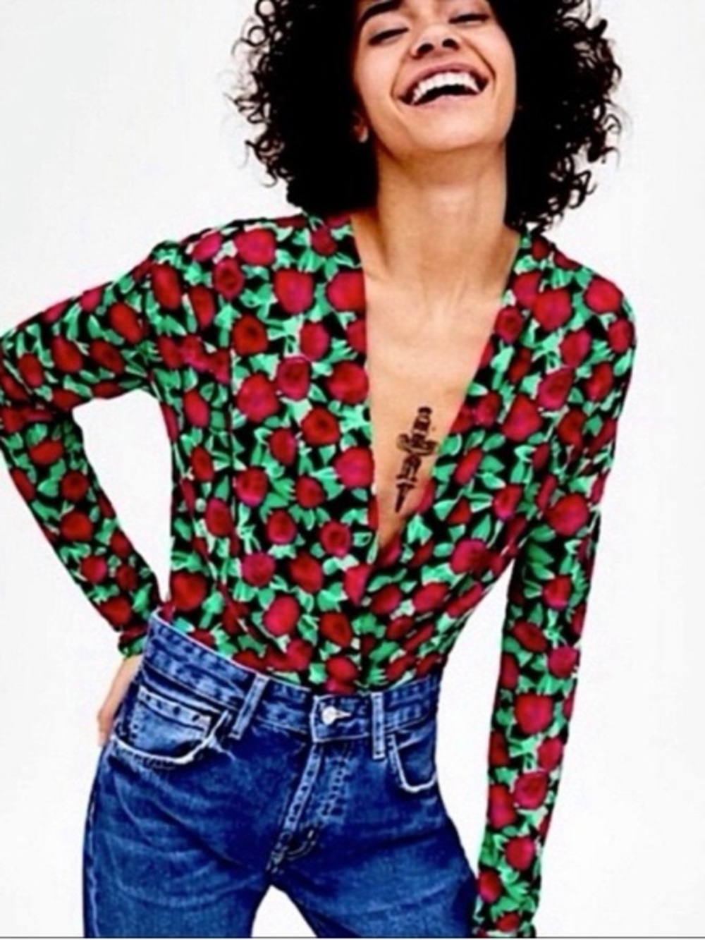 Zara Floral Wrap-Front Long Sleeve Bodysuit Top Red Green
